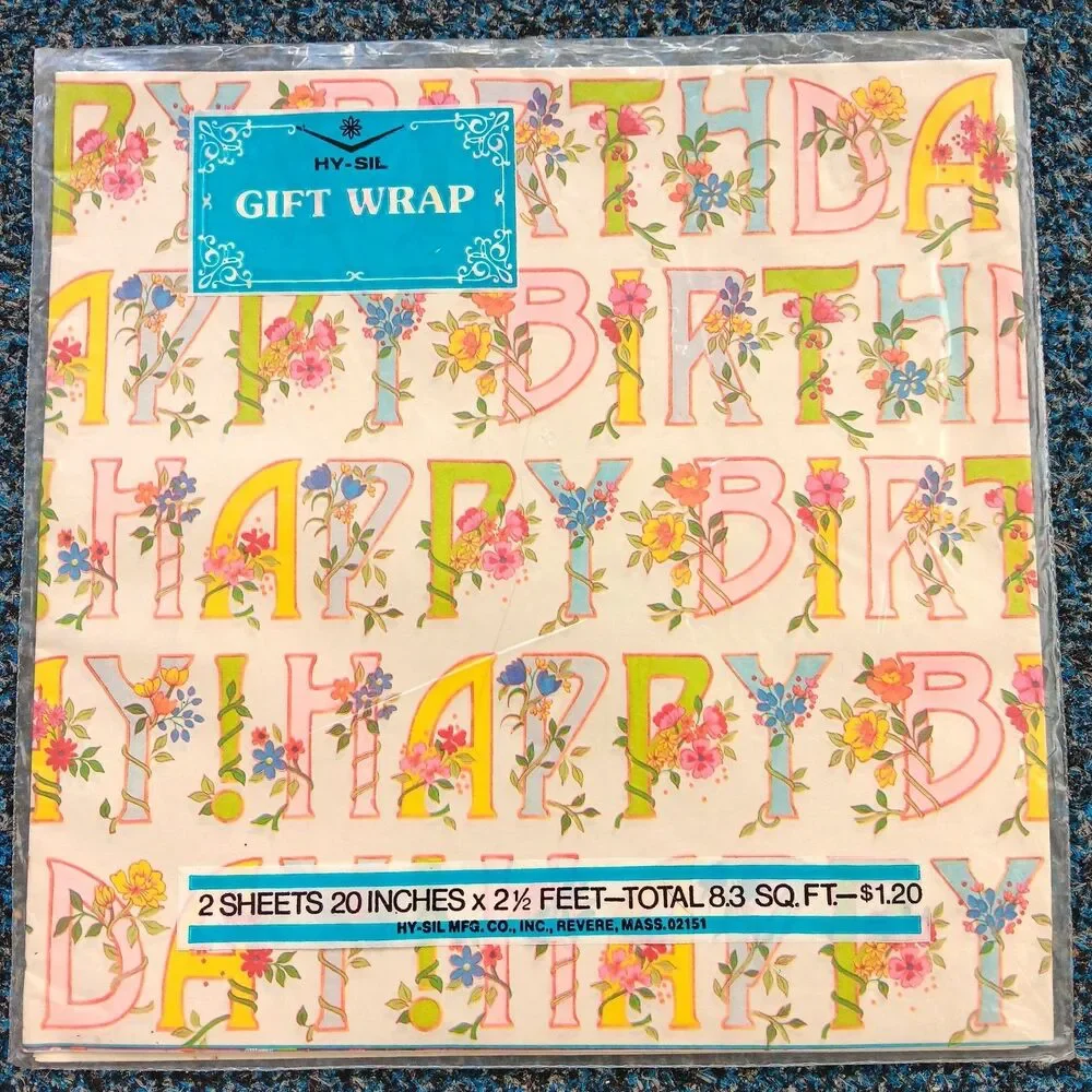Vintage Hy-Sil Gift Wrap Wrapping Happy Birthday Vines Flowers 2 Sheets 20x30